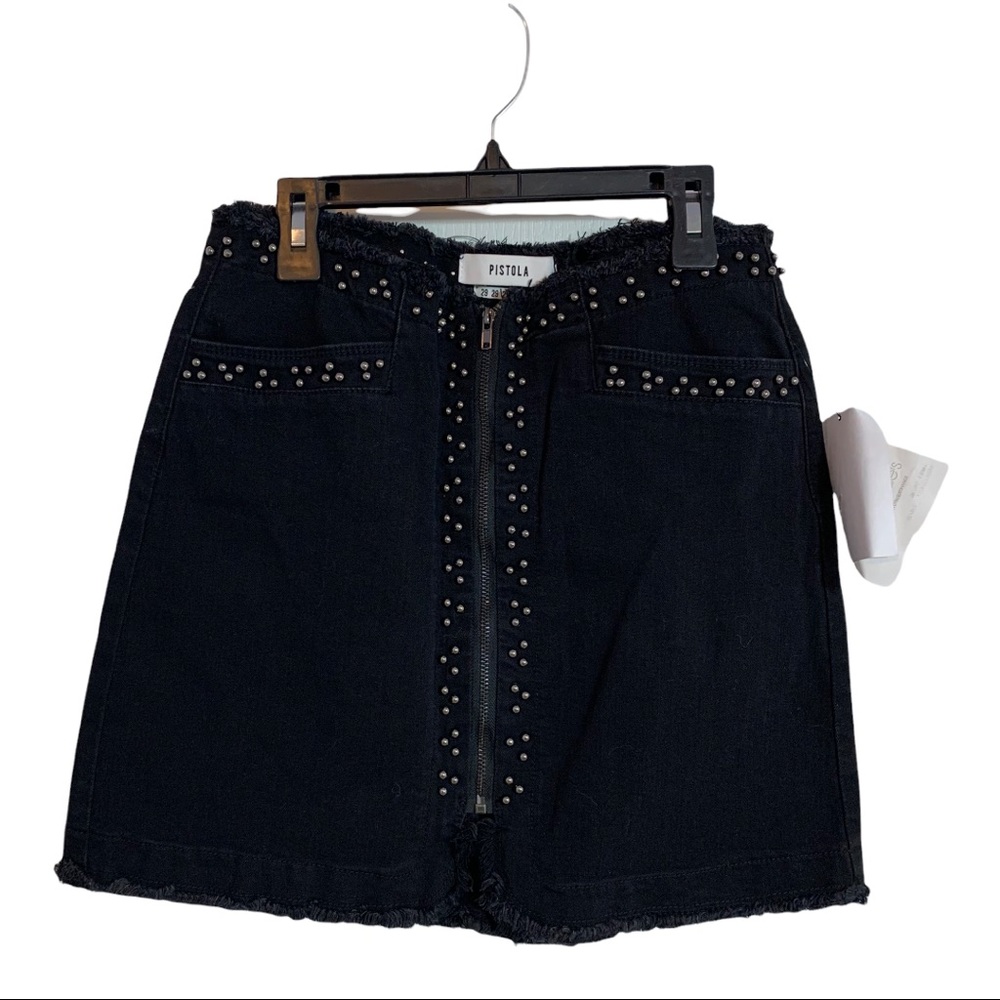 NWOT Pistola Zip Front Embellished Studded Black Denim Jean Mini Skirt 29. 
3947